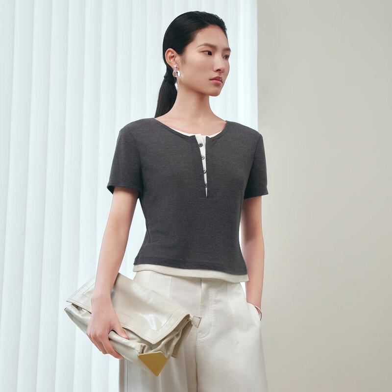 Sancai Women's Short Sleeve Fake Two-Piece T-shirt