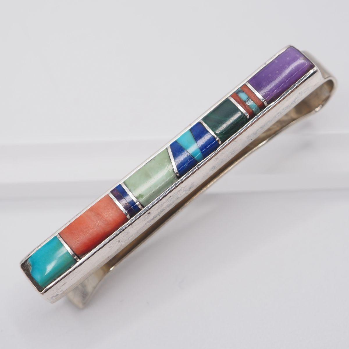 Used A479 Vintage Navajo Tie Pin Natural Stone Inlay Design Silver Tie Bar Indian Jewelry