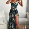 Charming Leaf Print Slit Knot Long Dress Halter Two Piece Bikini Swimsuit For Vacation