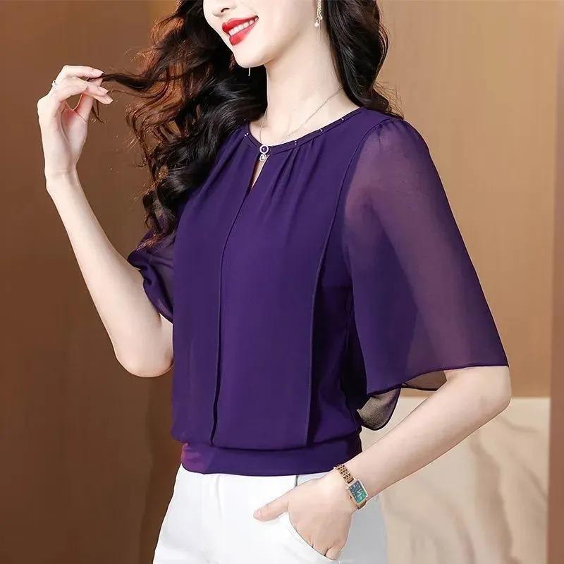 

Summer New Style Age-reducing Chiffon Shirt for Women Chic Round Neck Five-quarter Sleeves Loose Korean Style Top M