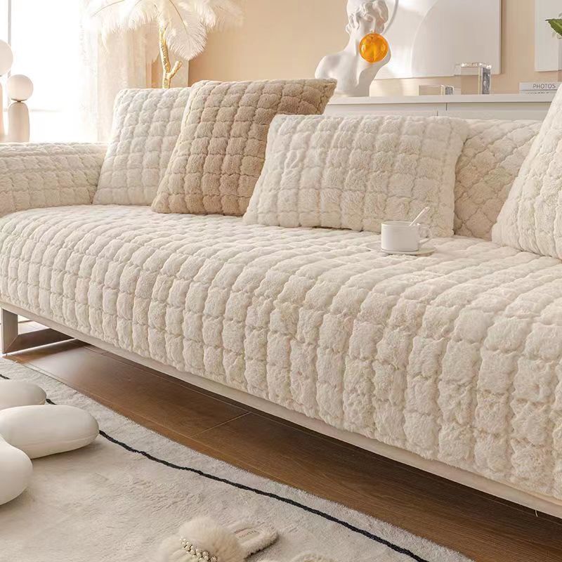 Tapis de canapé en peluche à grille, épais, antidérapant, Anti-poussière, coussin de siège de couleur unie, paquet complet, couverture universelle, serviette en tissu, nouvelle collection hiver