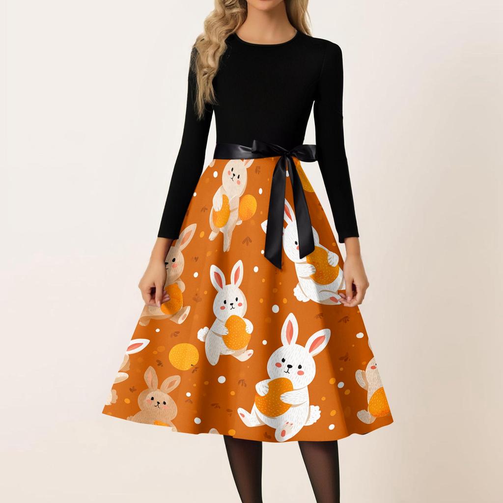 Damen Casual Mode Rundhals Karneval Bedrucktes Vintage Kleid