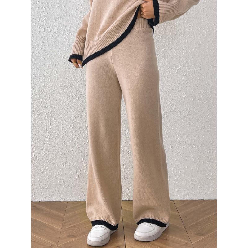 Damen Wollhose Strickpullover Lässig Kontrastfarben Spleißen Hohe Taille Gerades Bein Weitbein Hose