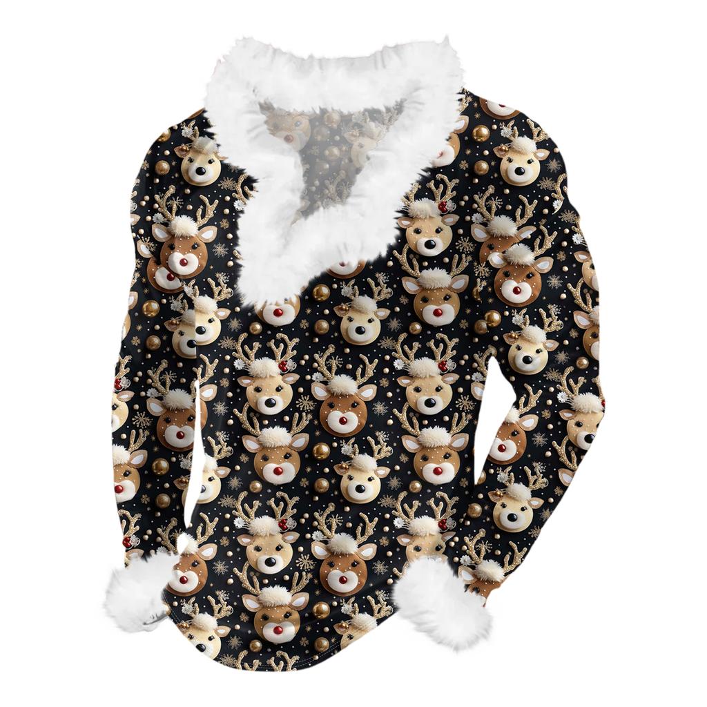 Męska bluza z kapturem z nadrukiem świątecznym, podszyta polarem | Sweter imprezowy z imitacją obszycia i kieszenią | Duży rozmiar, luźny krój, świąteczny pulower