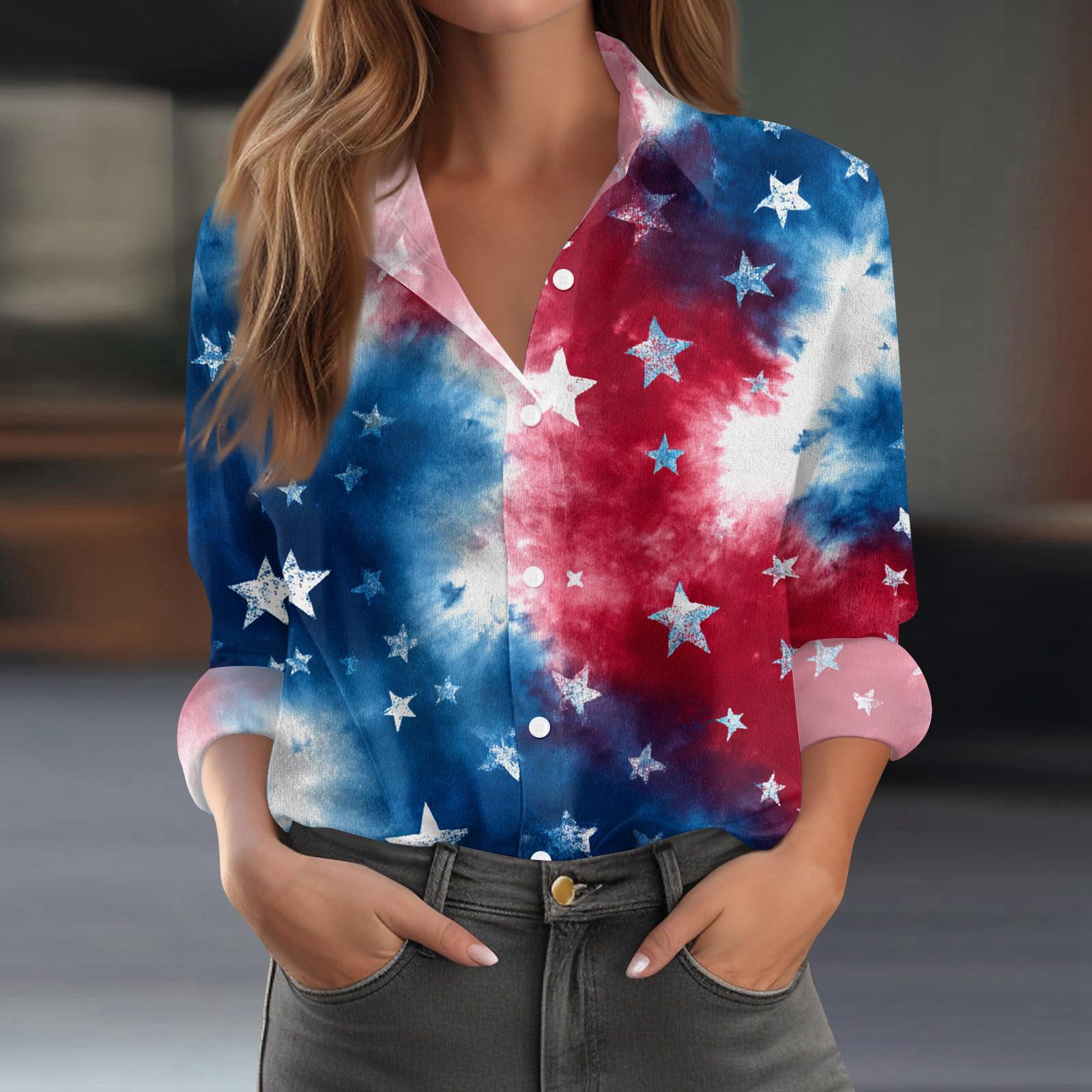 

Women’s Long Sleeve Button Down Shirt with Star Print Casual Loose Fit Blouse Classic Collar Design for Everyday Wear XL білий