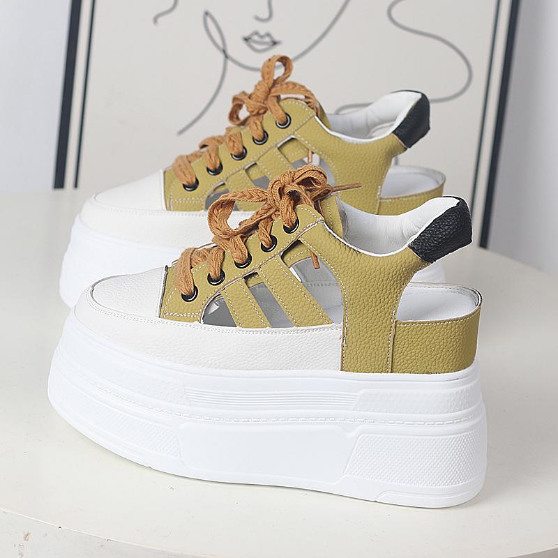 Fashion 11CM Hollow Full Cow Genuine Leather Women Summer Shoes Platform Sneakers Wedge Hidden Heel Women Summer Sandals Platform