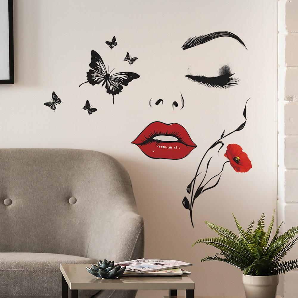 Beautiful Red Lips Woman Butterfly Wall Sticker Self-Adhesive Removable for Bedroom Living Room Entrance Home Decoration