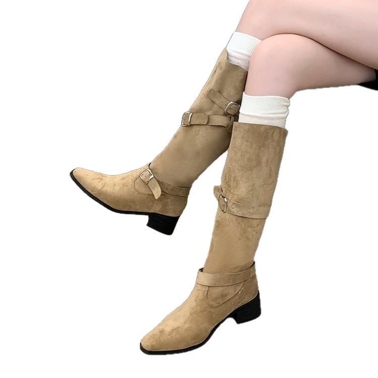 Wersja ze skóry bydlęcej~ skórzane retro kozaki na grubym obcasie damskie z klamrą na pasku plisowane kozaki do kolan wysokie kowbojki w stylu western
