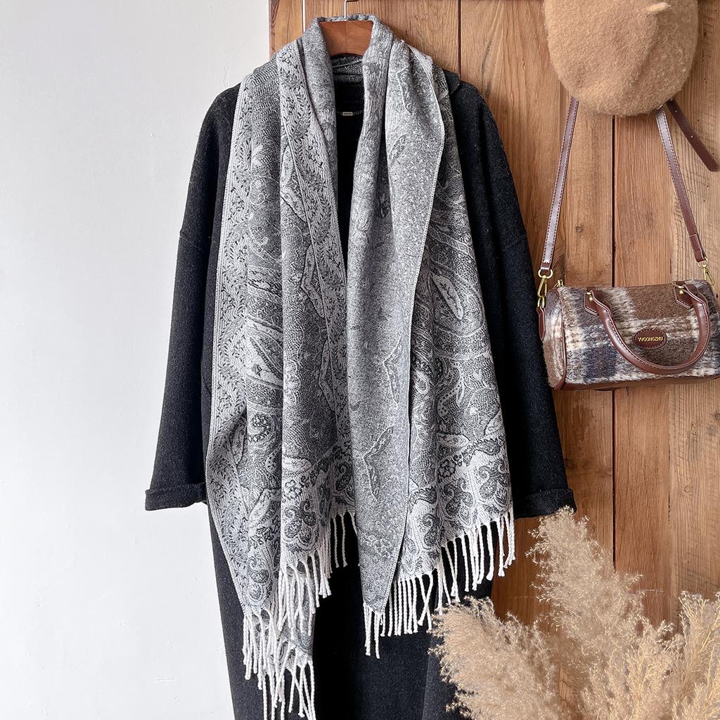 Brand Fashion Women's Winter Cashmere Wrap - Vintage Oil Painting Floral Printed Tasseled Pashmina Thick Shawl, Scarf & Echarpe