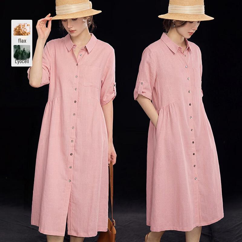French Style Tencel Linen Pleated Midi Dress M