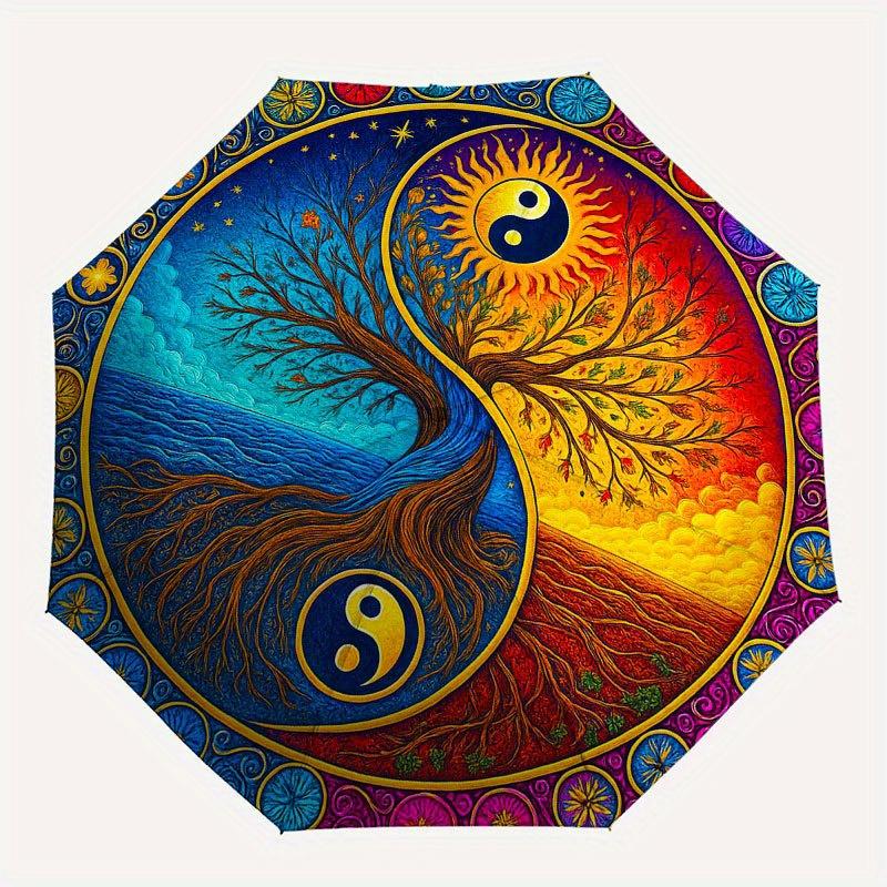 Yin Yang Tree of Life Wall Art Decor Umbrella, Portable 3-Fold Compact Umbrella for Men & Women R160