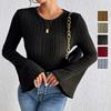 Women S Solid Slim Fit Sweater Round Neck Flared Sleeve Autumn Casual