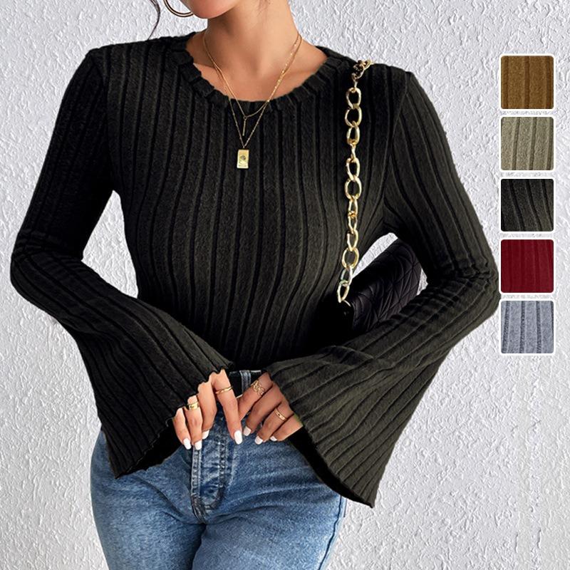 Women S Solid Slim Fit Sweater Round Neck Flared Sleeve Autumn Casual