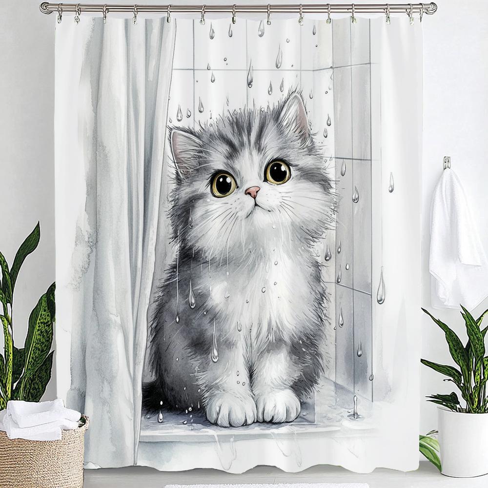 Cartoon Niedliche Katze für Badezimmer Duschvorhang, Dekorativer Duschvorhang, Bedruckter Stoff Vorhang für Zuhause Mit Haken