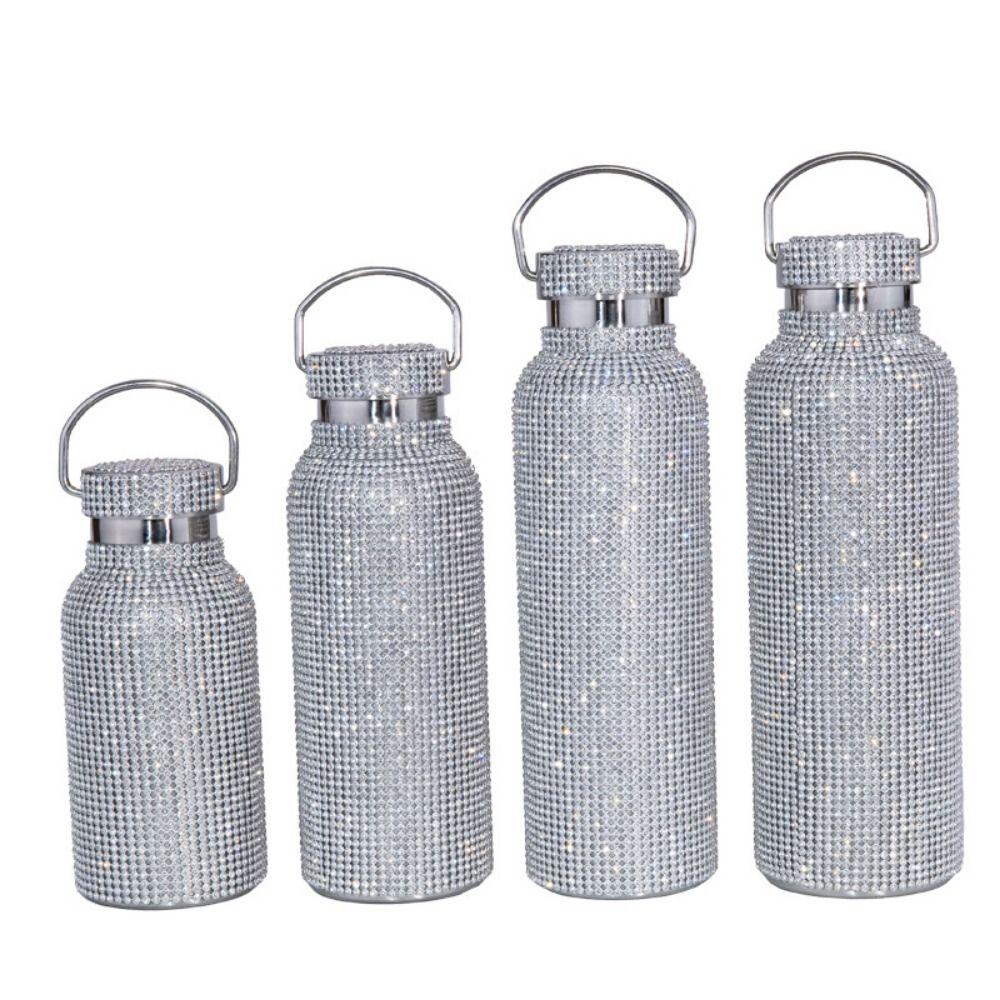 Thermal Rhinestone Water Bottle Stainless Steel Refillable Glitter Tumbler Removable Carrying Strap Chain Vacuum Flask Women