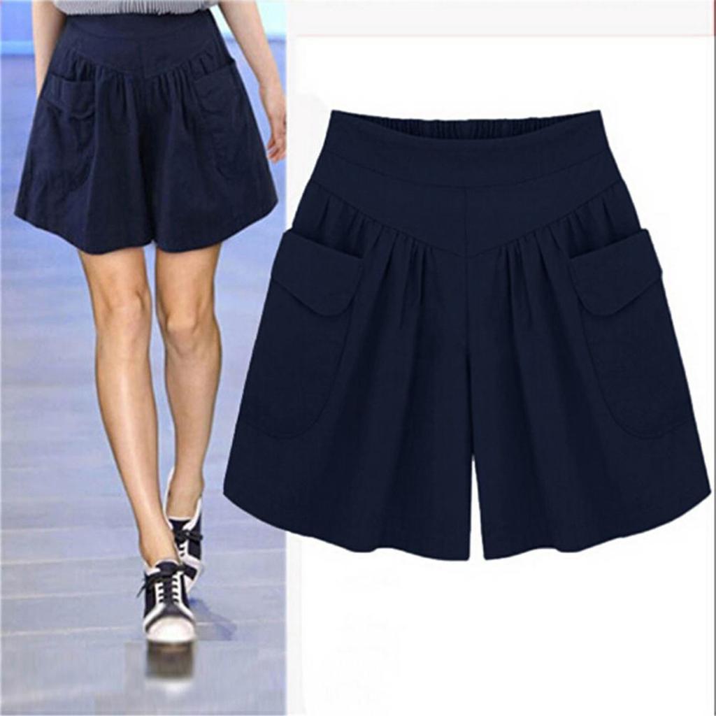 Women Solid Loose Hot Pants Pockets Lady Summer Casual Shorts