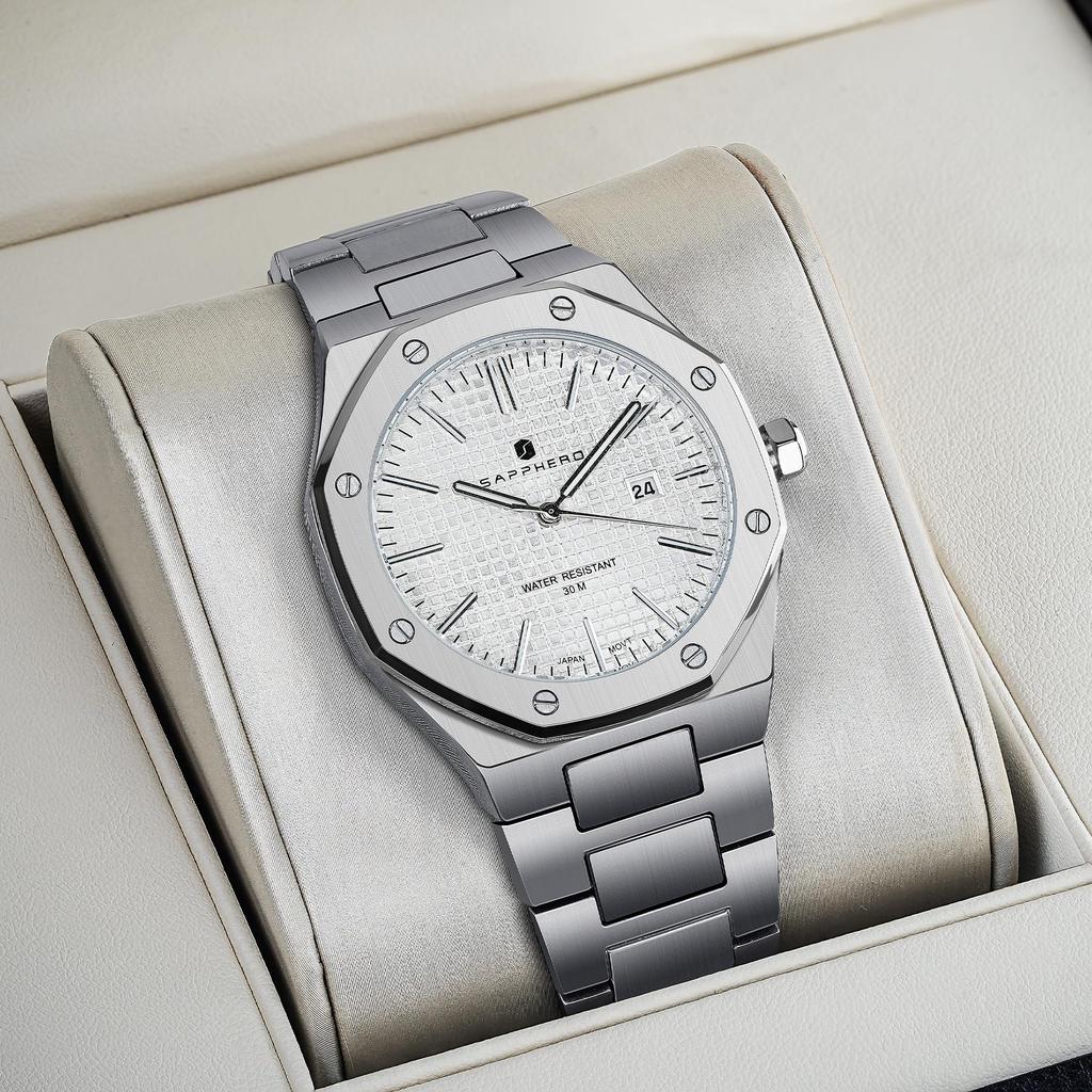SAPPHERO Octagonal Stainless Steel Waterproof Luminous Wristwatch Luxury Analog Quartz Watch with Date Display Dress Business Watch Casual Luxury