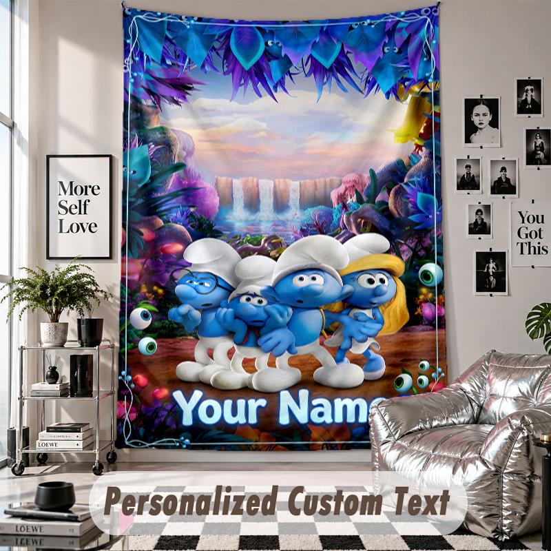 Wall Hanging Tapestry With Custom Name & Text, Smurfs Decorative Tapestry For Bedroom