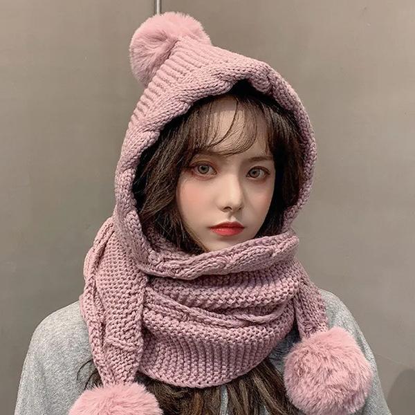 

WTEMPO Retro Elegant Woolen Caps Versatile Autumn and Winter All-in-one Hats with Scarf Cute Pom-pom Ear Protection Thick Warm Knitted Hats 1pc*one size розовый