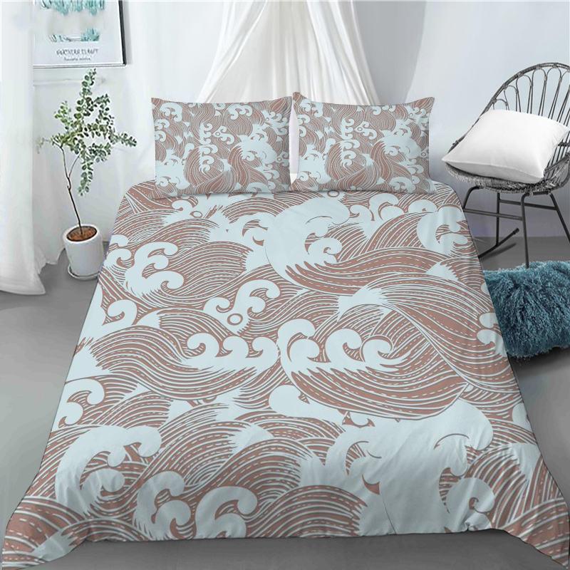 3D Japanese Wave Pattern Duvet Cover Set Fashion Polyester Quilt Cover with Pillowcase for Children Women Home Room Decor Gifts