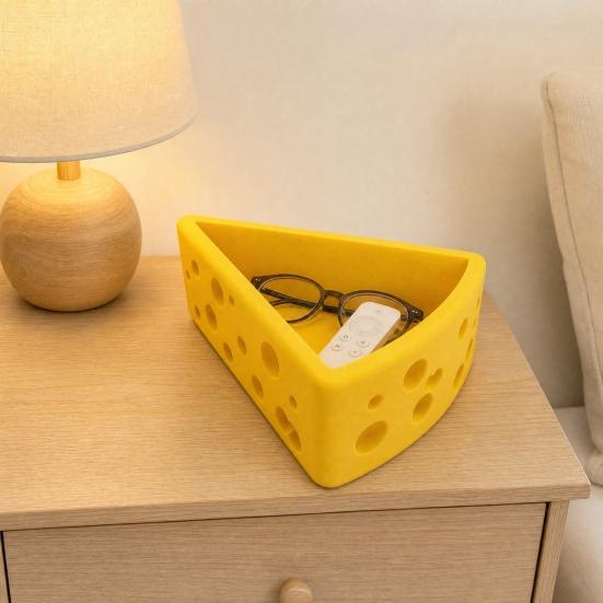 Cheese Ornament, 3D Printing Smooth Surface Storage Box, Cheese Hole Design Bright Yellow Cosmetic Organizer for Keys Cosmetics Stationery