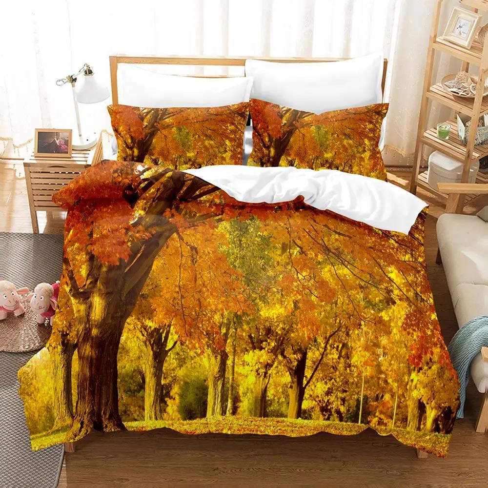 Forest Soft Duvet Cover Set,Forest Featuring Shaded Tres Dreamy Wodlplus Scene,2/3pcs Nature Scenery Beding Set Quen Sized Dimensions,Gren Brown