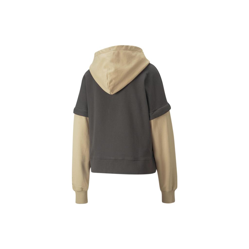 Puma Color Block Letter Print Faux Two-Piece Hooded Long Sleeve Sweatshirt Women Sweatshirt Brown 532505-01