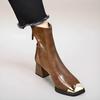 Women's Metal Tip Toe Ankle Boots Back Zipper Medium Block Heel Fashion Boots Sexy Short Barrel Rubber Sole Leisure Botas Mujer