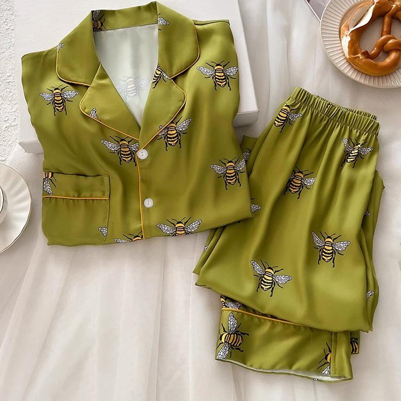 Animal Bee Print Pajamas Set for Women Sleepwear Faux Silk Satin Long Sleeve Pants Female Lounge Spring Fall Cartoon Pyjama