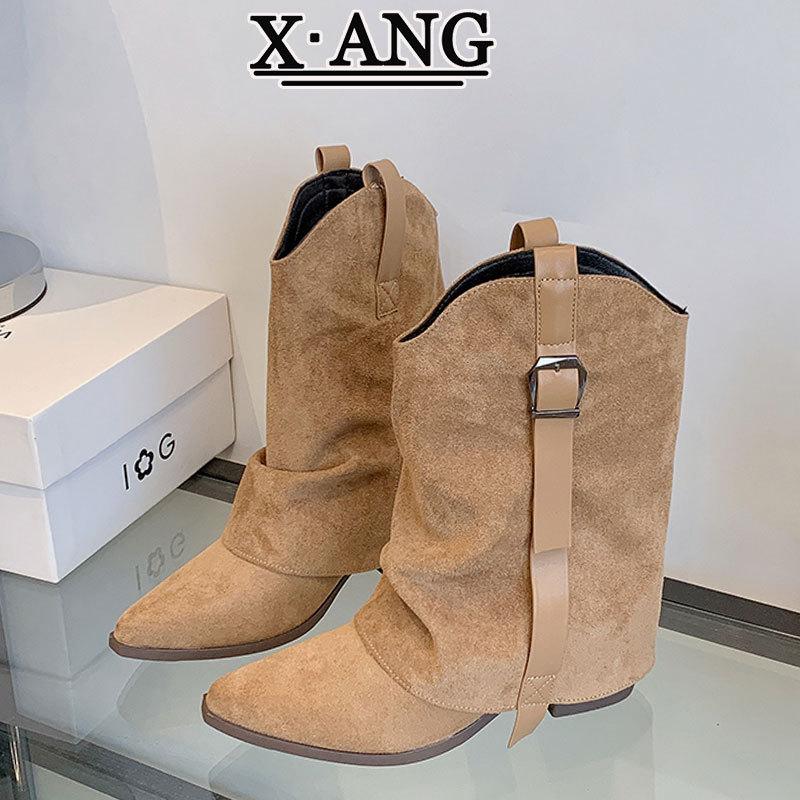 Cowhide version pointed thick heel thin trouser boots women's retro western cowboy boots women's Maillard brown knight boots