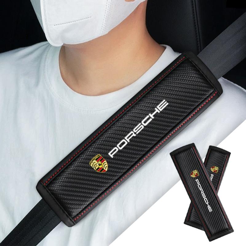 2Pcs Car Seat Belt Shoulder Cover Safety Protector Pad Carbon Fibre For Porsche Cayenne Panamera Macan 911 Taycan Boxster Cayman