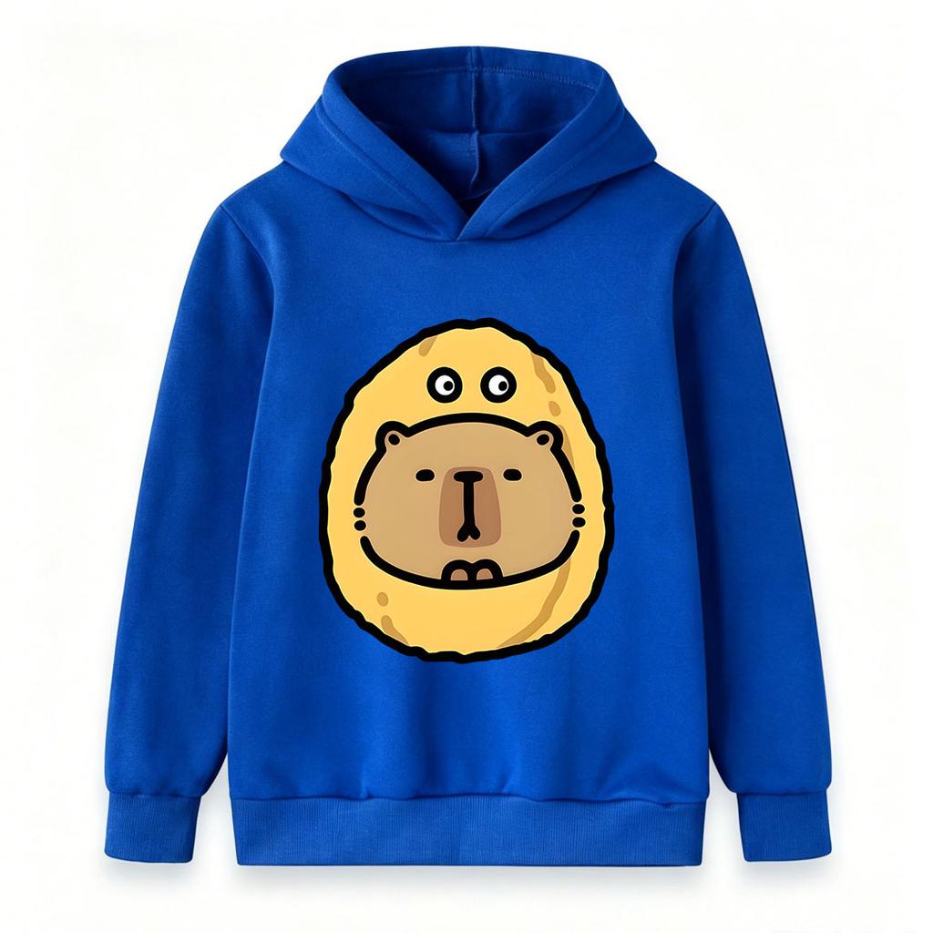 Kids Boys Girls Pullover Hoodie, Cute Cartoon Capybara In Fried Pancake Print Casual Soft Long Sleeve Hooded Sweatshirt For Little Children Daily Wear
