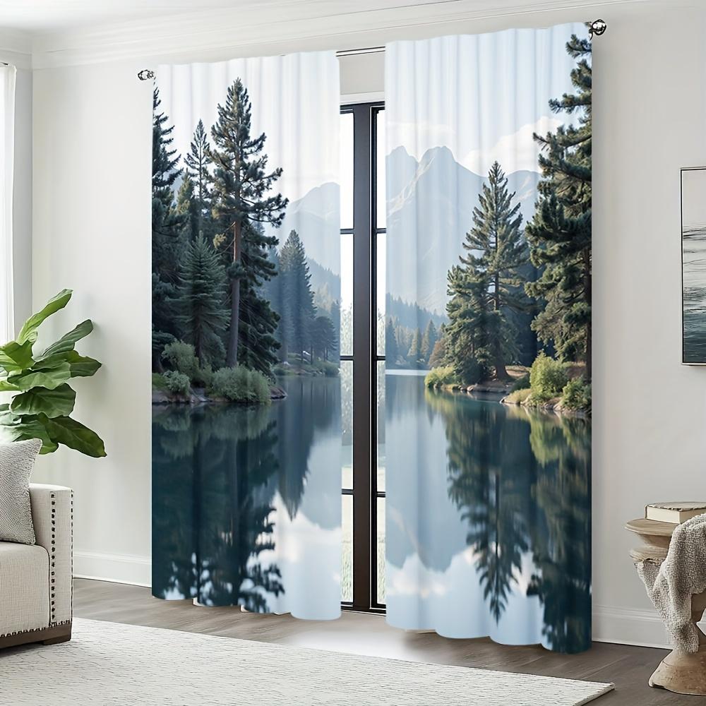 2pcs Forest & Lake Landscape Printed Blackout Curtains - Contemporary Polyester Knit   Easy Machine Wash   No Rod Needed   Quick