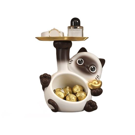 Siamese Cat Statue Candy Bowl Multi-Functional Key Trinkets Jewelry Organizer Dish Holder Home Office Desktop Decoration Ornament