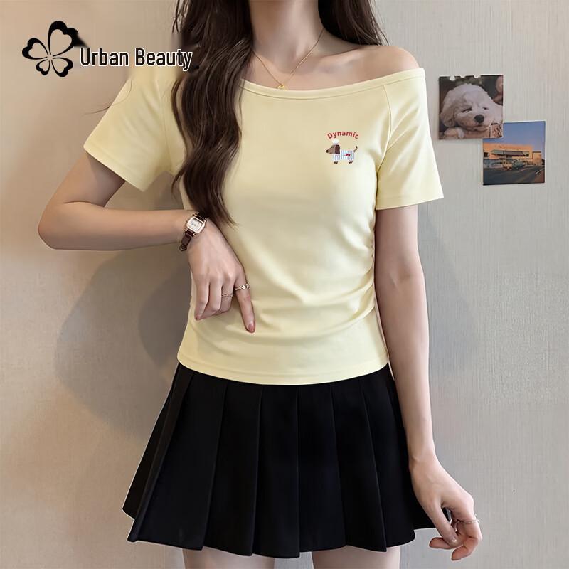 

Women s 2026 Summer One-Shoulder Slim-Fit Ruched Short-Sleeve T-Shirt XL