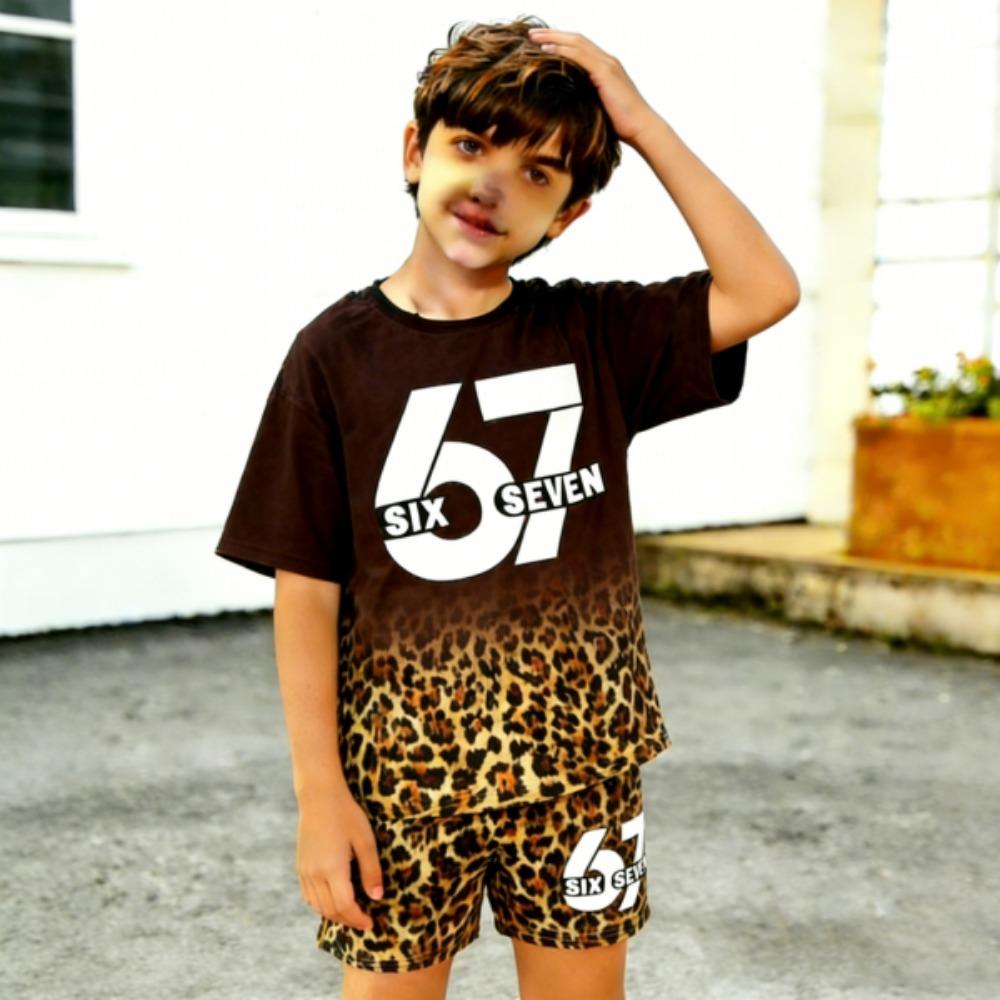 Fashion Leopard 67 Colorful Gradient Printed Men s T-shirt and Shorts 2 Piece Set Summer Casual Outfit for Men s and Women s Clothing Top XXS