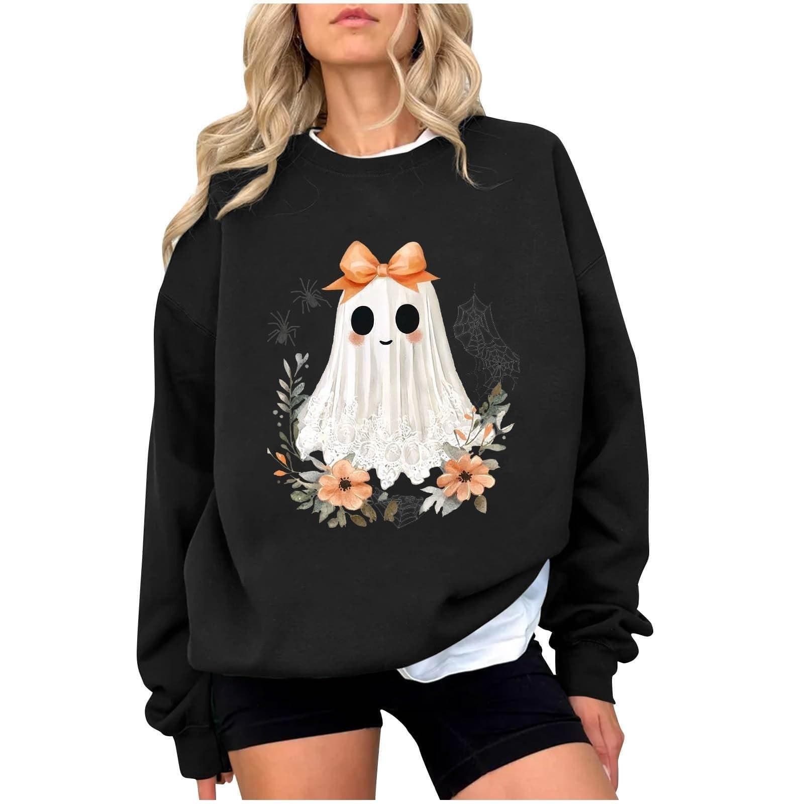 

Women s Fashion Casual Round Neck Long Sleeve Halloween Print T-Shirt Top M чёрный