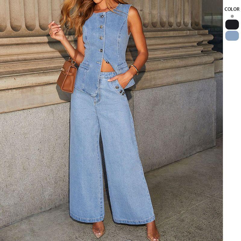 Fashion Denim Suit2025 New Women American Solid Loose Fashion Denim Suit Wide Leg Pants