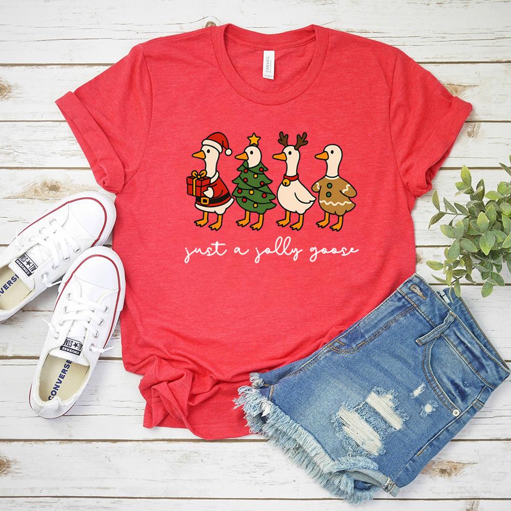 

Cute Just A Jolly Goose Tshirt Christmas Goose Shirt Funny Santa Tshirt Gingerbread Goose Graphic Tee Unisex Short Sleeves Tops S