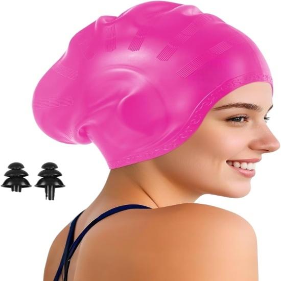 KNK Silicone Swim Cap for Mens & Women with Long Hair, 3D Ear Cover, Nose Clip & Ear Plugs Set (Pink)