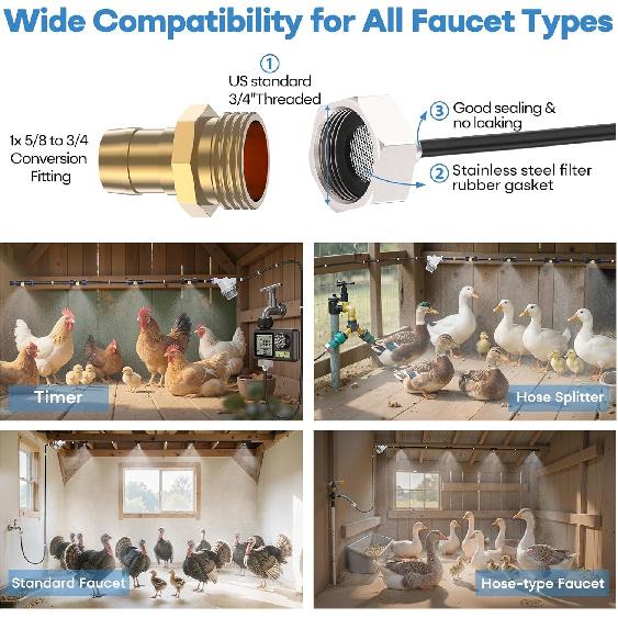 Chicken Coop Mister, 26FT Chicken Cooling System with 12 Brass Mist Nozzles, Filter, Cutter & 3/4" Adapter, Backyard Chicken Misters for Coop,