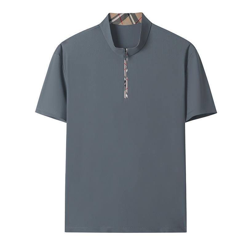 Mens Casual Stand Collar Half Zip Short Sleeve T Shirt