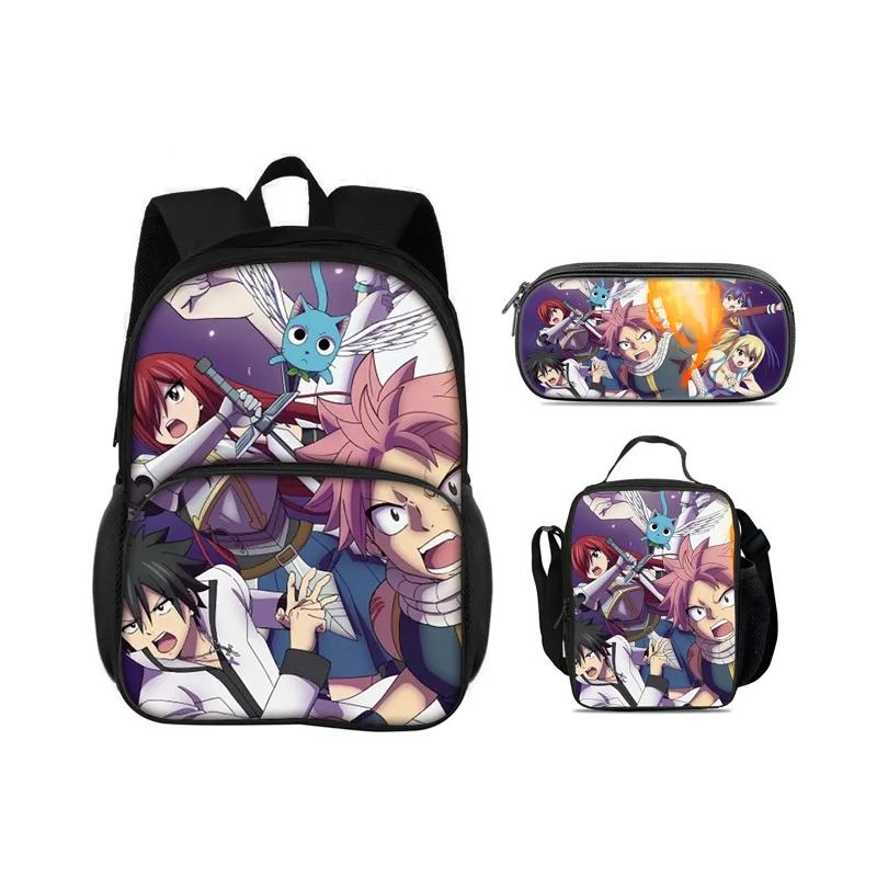 FAIRY TAIL Round Front Bag Backpack Pen Bag Ice Bag 3Pcs Set Cartoon Anime Printed Student Boys and Girls New Versatile