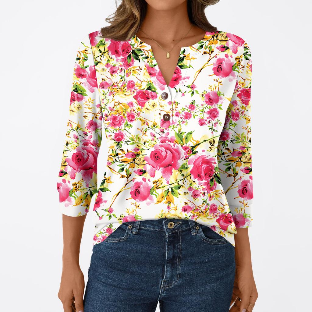 Mote dame avslappet 3/4 ermet T-skjorte trykk V-hals knappetopp