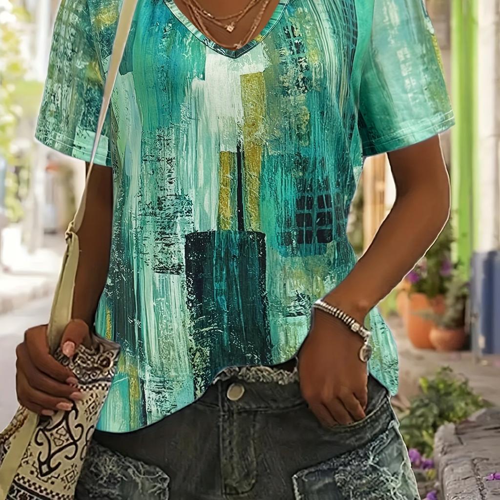 Women's T-Shirt Oversized Retro Printed Short-Sleeved V-Neck Fashion Casual Top Street Breathable Summer Women's Clothing