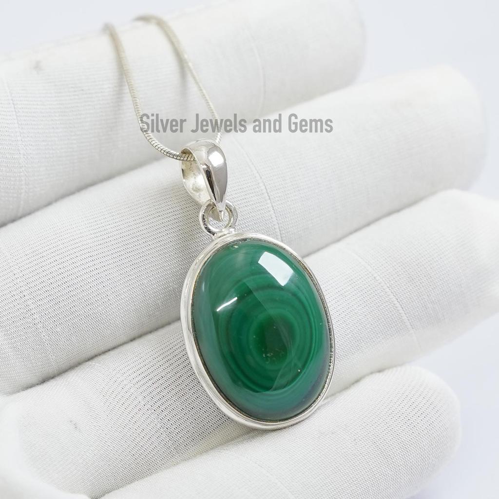 Handmade Oval Malachite 925 Sterling Silver Pendant, Scorpio Birthstone