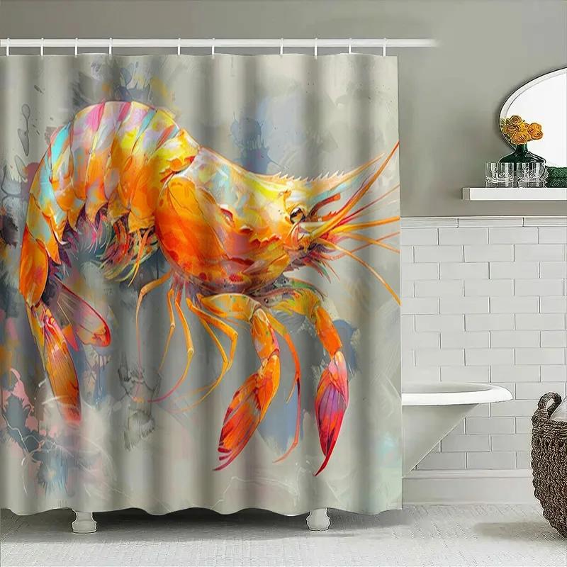 Artistic Shrimp Shower Curtain High-Quality Waterproof Printed Bathroom Decor Set For Home Decoration Multi-Colorful