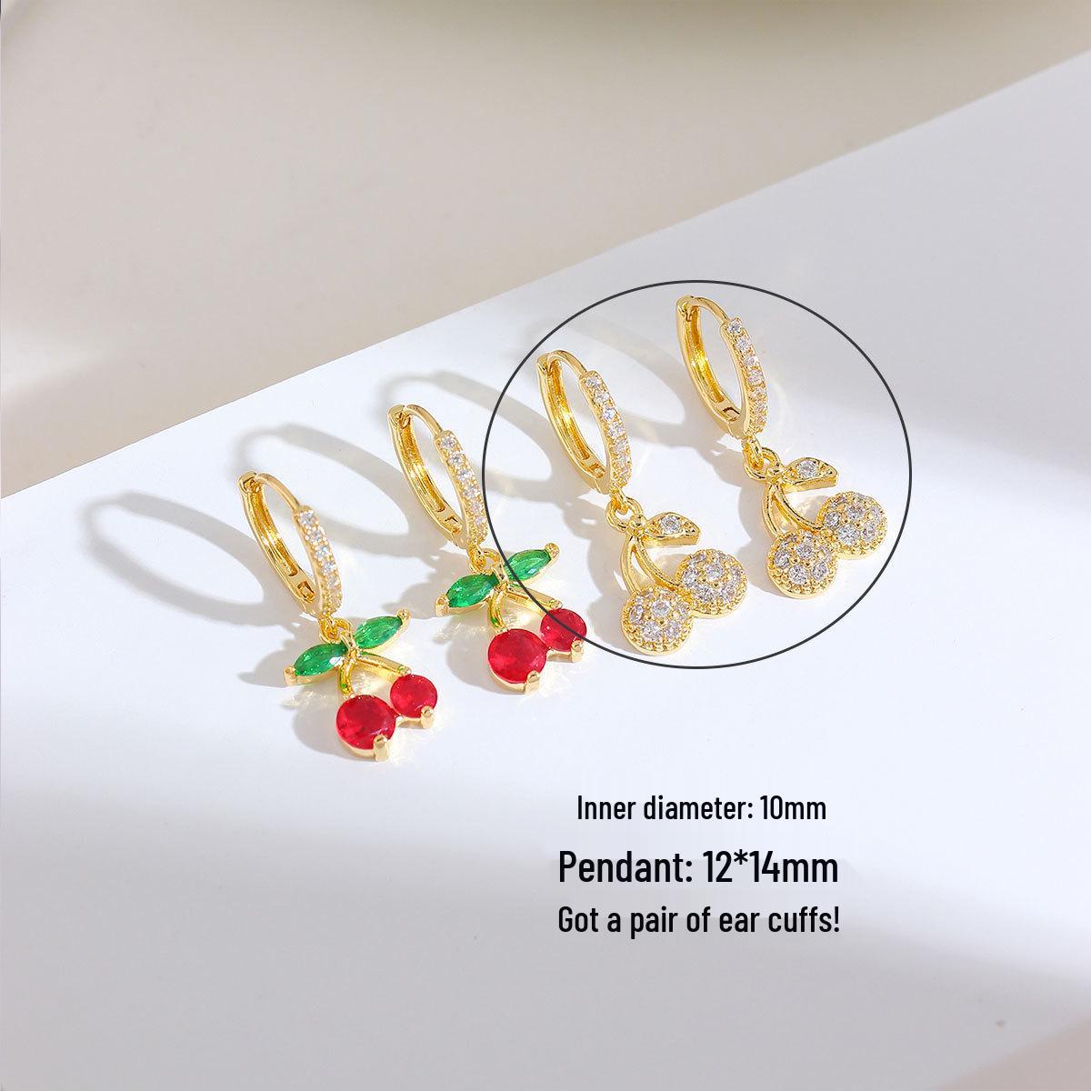 Gold-Plated Sweet Cherry Ear Studs with Micro-Set Zircon Real Gold Plated, Long-lasting Color