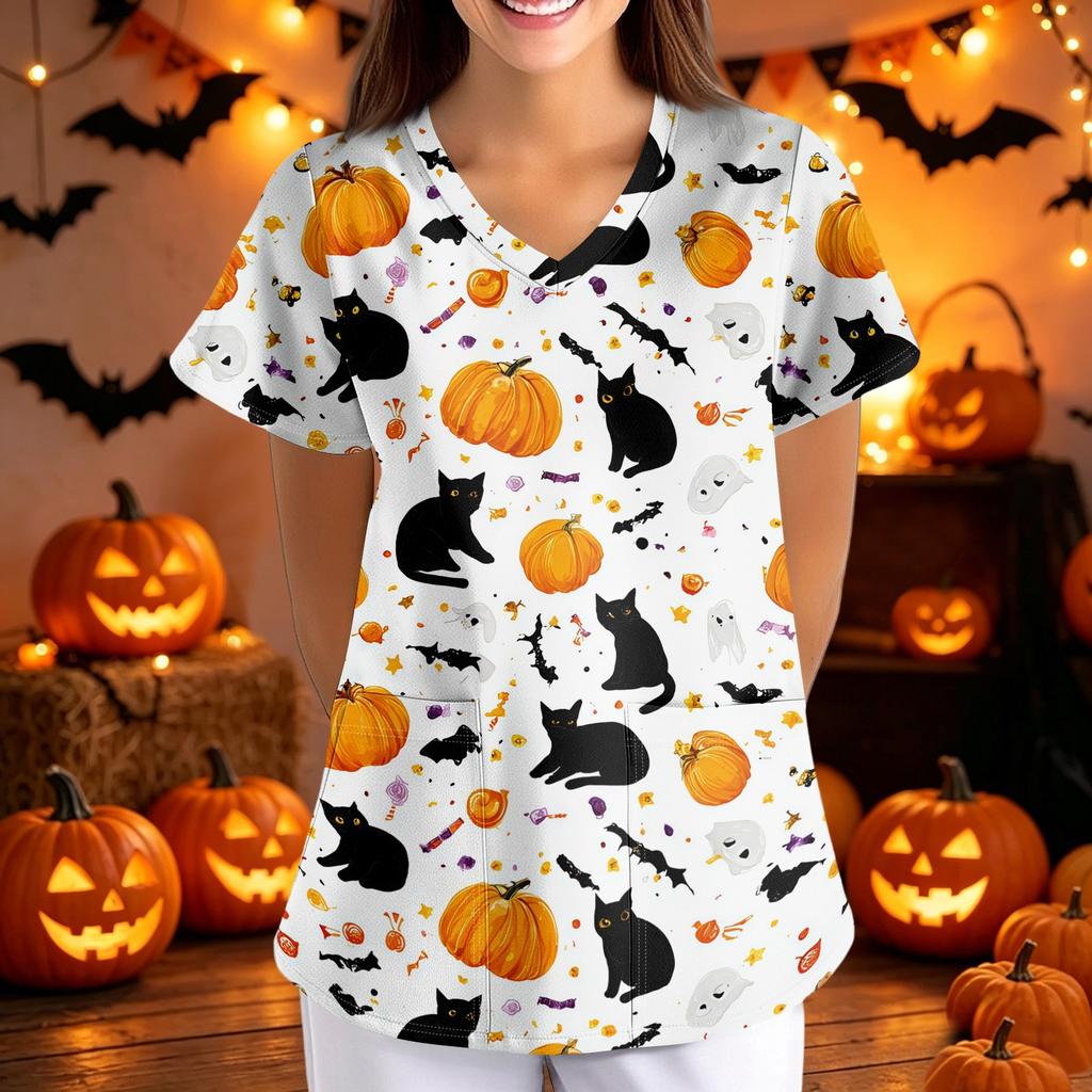 Women Halloween Print Loose V Neck Short Sleeve Medical Scrub Top Nurse Uniform with Pockets Comfortable Fit Professional Workwear