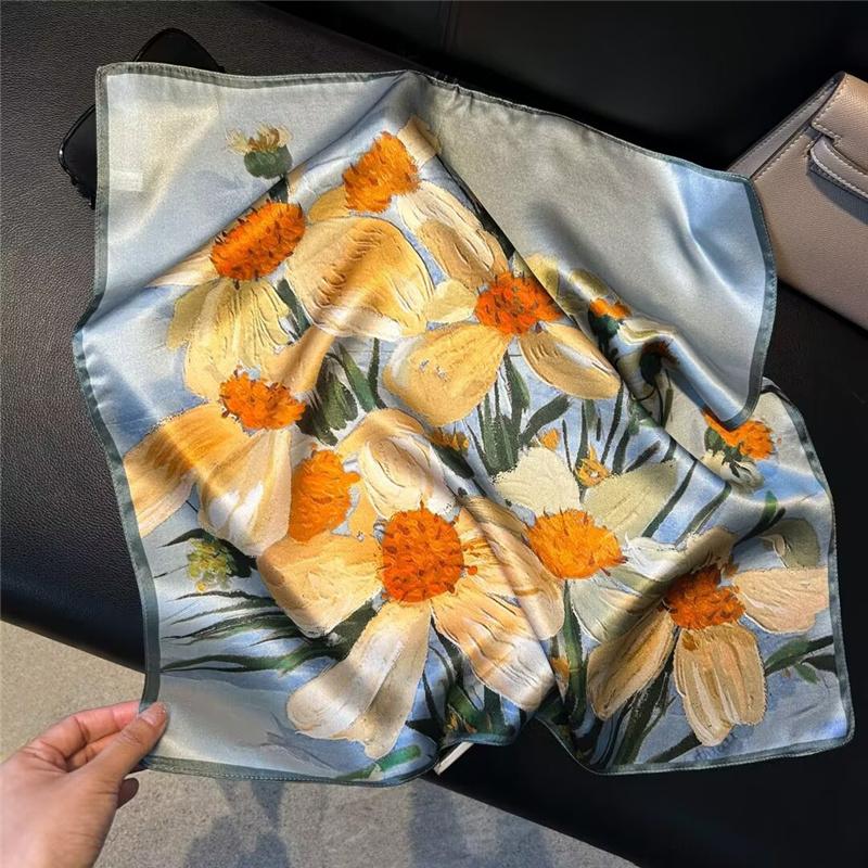 53x53cm 100% Mulberry Silk Scarf Luxury Square Hair Bandana Elegant Head Wrap Neckerchief Sunscreen Shawl for Women